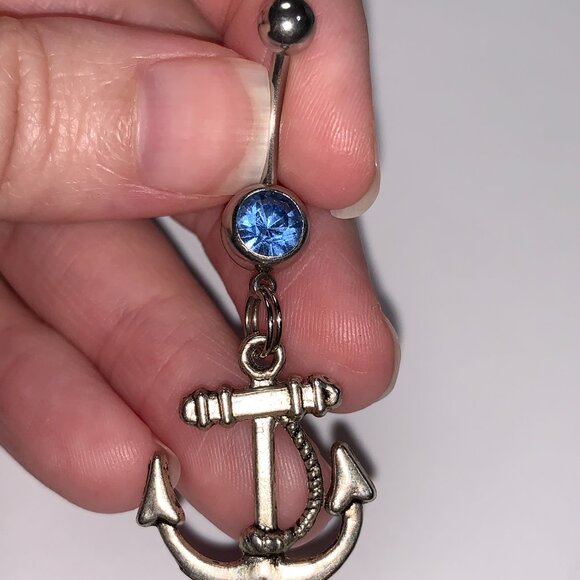 Large Anchor with Rope and Light Blue Gem Dangle Belly Ring - Picture 10 of 16